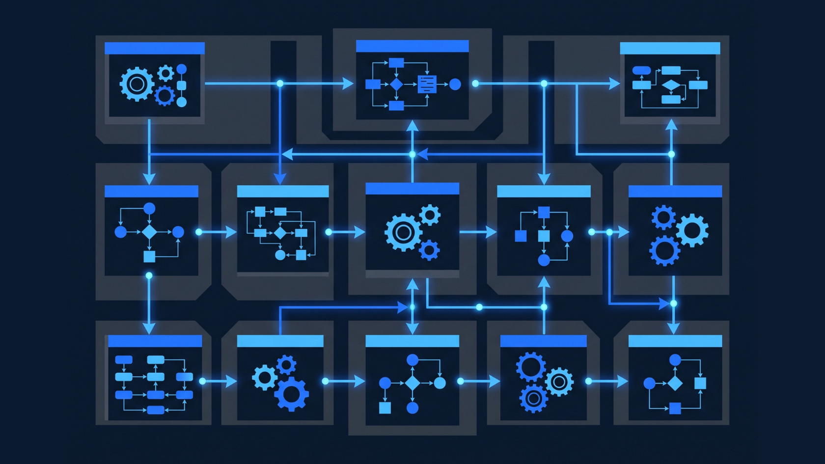 Immagine copertina architettura modulare astratta composta da blocchi interconnessi con frecce direzionali che evoca sistema operativo con ingranaggi digitali stilizzati e flussi di dati.